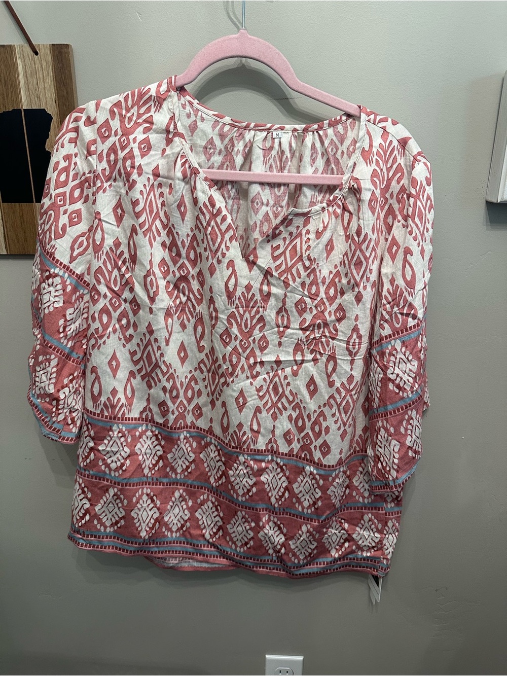 Boho Split-Neck Tunic in Coral and White